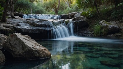 Obraz premium Tranquil landscape with a small, tranquil waterfall cascading into a clear pool