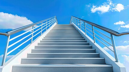 Fototapeta premium A modern stairway leading upward against a bright blue sky, symbolizing progress, motivation, and new heights.
