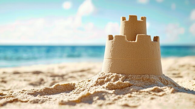 A beautifully crafted sandcastle on a sunny beach, showcasing creativity and fun under the bright sky by the ocean.