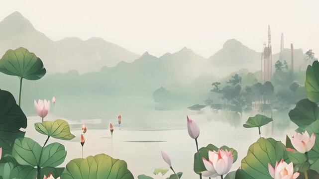 Fantasy bright ambience landscape of beautiful morning sky, mountains, flowers, lake, ancient house, lotus pond with simple animation in Japanese Chinese anime watercolour style.
