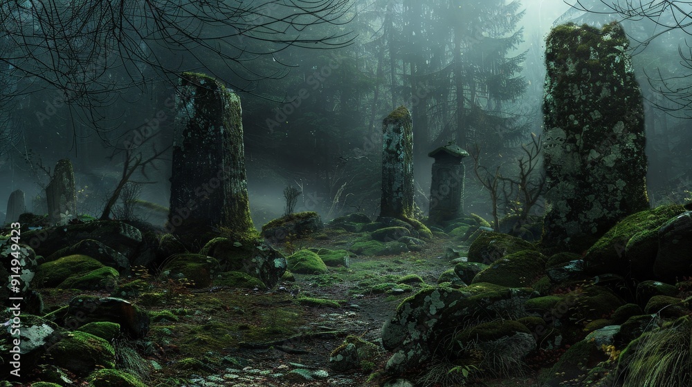 Sticker design a spooky forest clearing with ancient, moss-covered stones and ghostly figures emerging from 