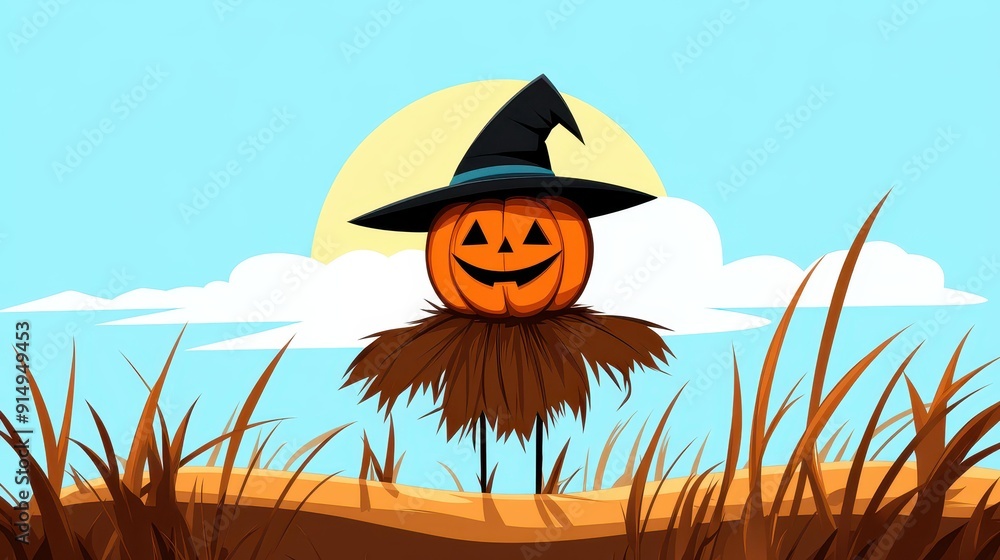 Canvas Prints A vibrant Halloween scene with a pumpkin scarecrow in a sunlit field, showcasing modern cartoonstyle art.