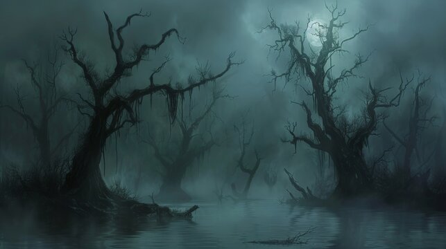 Design a spooky swamp background with thick fog, gnarled trees, and eerie creatures lurking in the shadows.