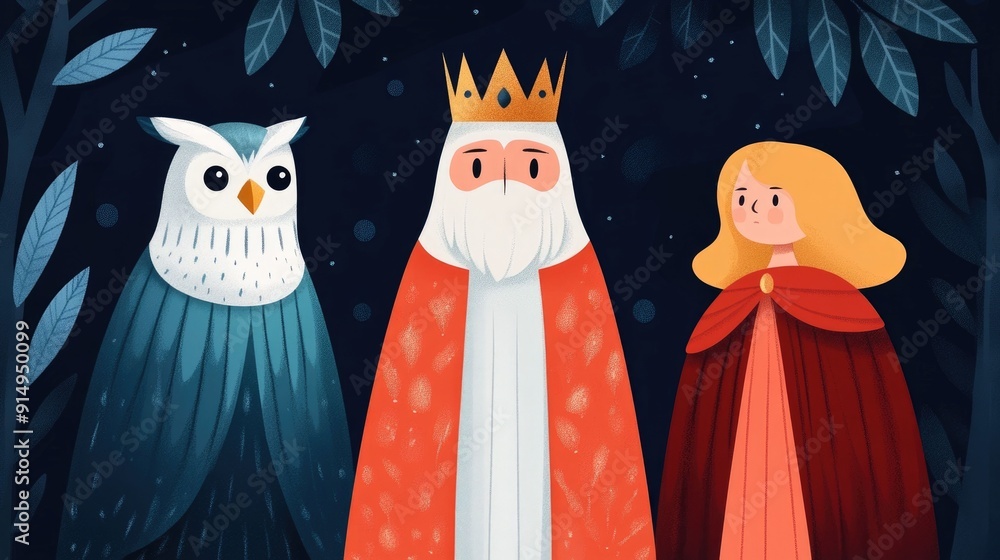 Poster enchanted meeting of a prince and princess with a wise old owl in a whimsical flat design a fantasy 