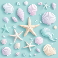 Pastel-colored seashells and starfish arranged on a light blue background, creating a serene and coastal vibe.