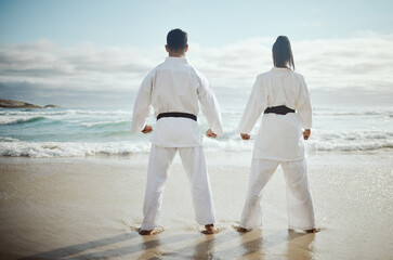 Training with a view. Rearview shot of two unrecognizable martial artists practicing karate on the...