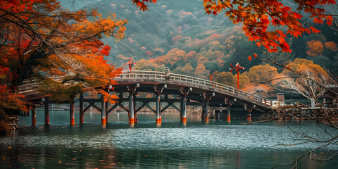 Autumn Landscape with Wooden Bridge and Red Leaves Photo