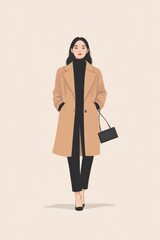 Fototapeta premium Minimalism illustration, an Asian woman, wearing a tailored coat with a high-neck sweater and tailored trousers, holding a vintage clutch purse, classic fashion, boho, flat illustration