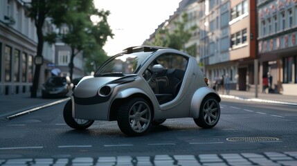 Design a 3D model of a compact city car, emphasizing its small size, efficiency, and maneuverability. Highlight features like foldable mirrors and a panoramic roof.