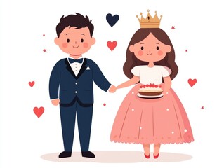 Whimsical flat design depicting a royal baking competition between a prince and princess  The image showcases their regal attire culinary tools