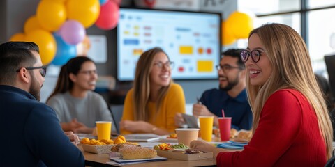 A diverse group of people enjoying a meeting with snacks and drinks, celebrating creativity in a lively office environment.
