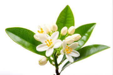 Fototapeta premium Orange tree flowers bunch closeup isolated on white. Neroli blossom. White citrus tree bloom 