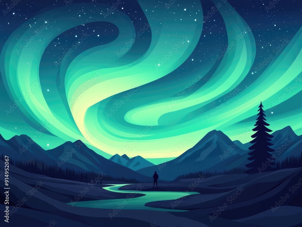 Poster mesmerizing northern lights landscape in flat design style vibrant and colorful abstract aurora bore