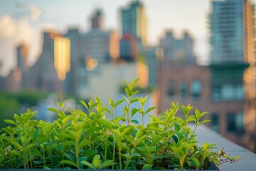 Fototapeta premium Aerial view of a green rooftop garden surrounded by high-rise buildings, exemplifying urban sustainability and eco-friendly architectural practices.