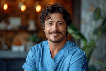 Obraz premium Smiling male nurse or doctor in blue scrubs, warmly lit indoor setting.