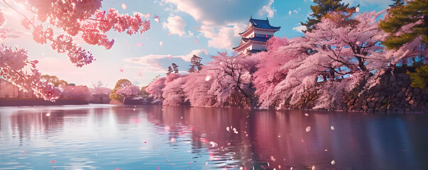 Cherry Blossom Trees and Pagoda by Water -  Realistic Image