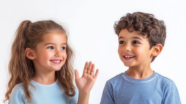 A girl and boy joyfully greet each other with cheerful smiles and waves