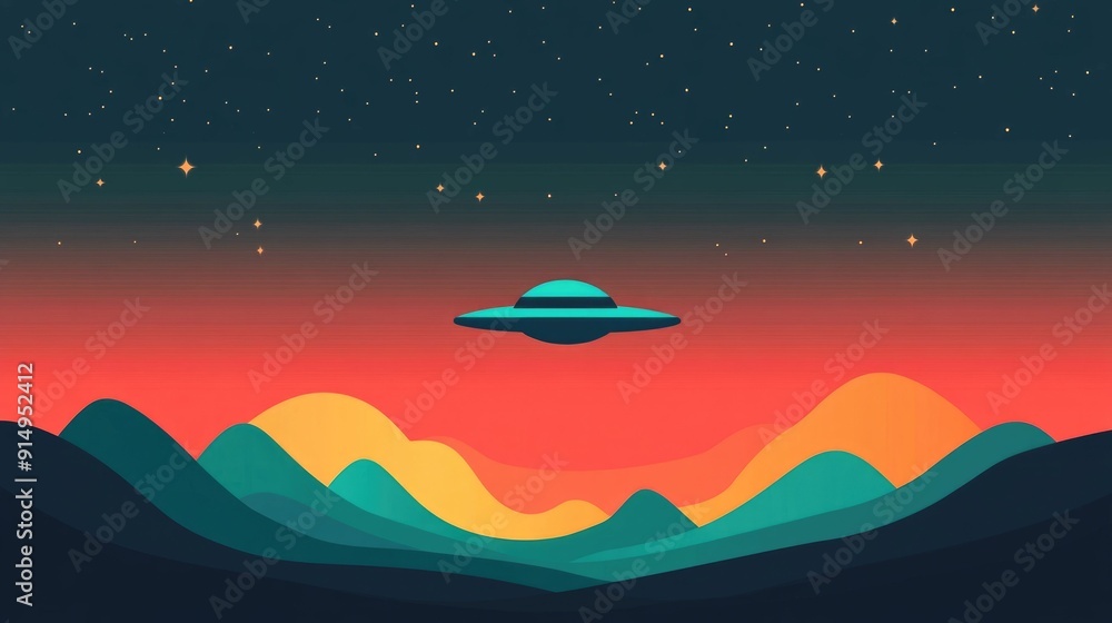 Poster fascinating flat design depicting a mysterious floating ufo silhouetted against a minimalist sky bac