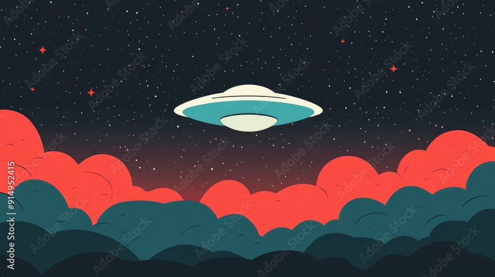 Poster mysterious and intriguing flat design of a ufo silhouette hovering in the minimalist sky with horizo