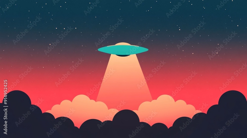 Poster mesmerizing flat design depicting a mysterious unidentified celestial spacecraft amidst a captivatin