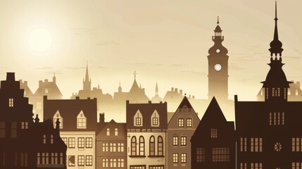 Fototapeta premium Minimalism illustration, silhouette of a historic city center with old buildings and a clock tower, flat illustration on light sepia background, empty copy space, lofi style illustration 