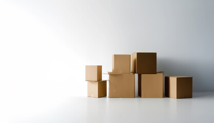 Obraz premium Stacked cardboard boxes on white background, symbolizing shipping and moving concept