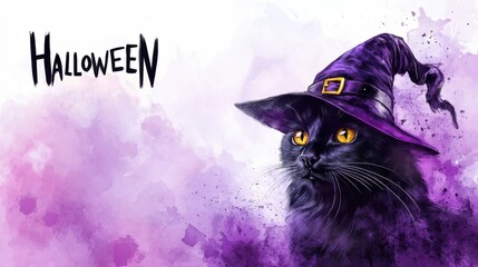 Black cat with witch's hat, watercolor painting, text "HALLOWEEN" in big spooky horror serif font 