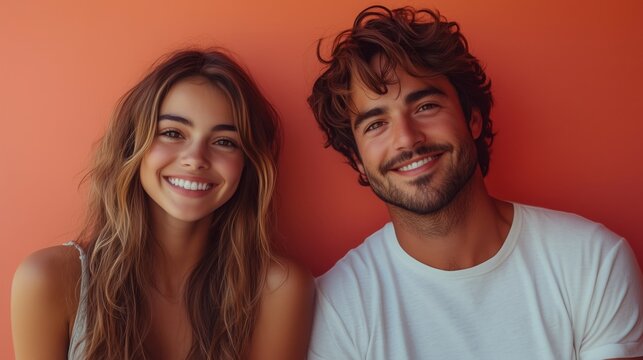 A cheerful girl greets the camera with a wave beside a smiling young man