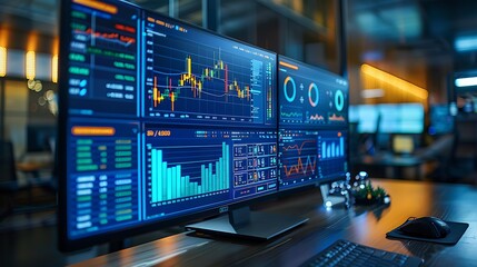 A crisp photograph of a stock market dashboard with vibrant graphs and live indicators, displayed on a large monitor. The background features a clean and organized office with ambient lighting,