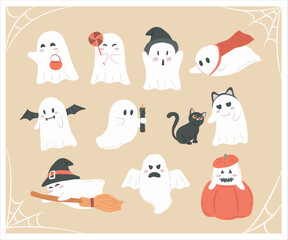 Collection of cute ghost activities vector illustration