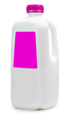 Side of milk bottle with pink color label on white background, Plastic Milk Bottle with blank label isolate on white background with clipping path