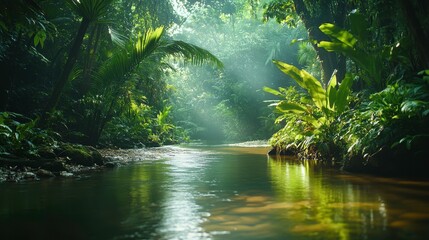Obraz premium A serene river winding through a dense jungle, breathtaking 4k resolution, super-resolution preserves nuances with some grain
