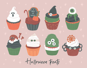 Collection of Halloween spooky sweet cupcake vector illustration