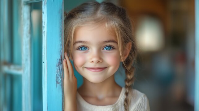 A young girl smiles and waves while peeking from behind a blue door