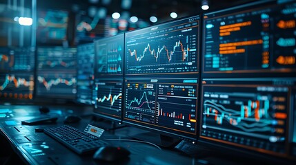 A detailed image of a cryptocurrency trading interface with traditional stock data, displayed on multiple screens. The office background is slightly blurred to emphasize the screens,