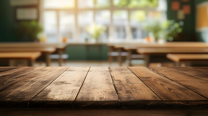 wooden table on the background of school desks, school atmosphere, background for school, school classroom