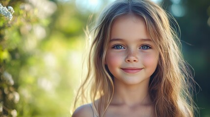 Fototapeta premium A portrait of a young girl with a hopeful smile, natural light and detail, breathtaking 4k resolution, super-resolution preserves nuances with some grain