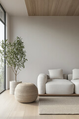 Serene room interiors with minimalist decor in neutral tones. Apartment interior design composition with relaxing mood.