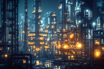 Fototapeta premium A sprawling industrial refinery illuminated by warm lights, featuring towering metal structures and pipes, all under a dark night sky
