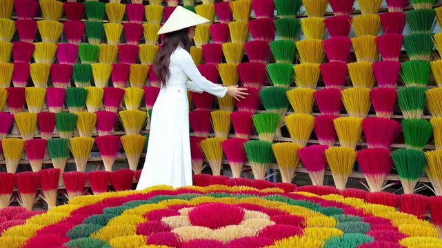 4k slow motion video, Asian woman wears traditional white Vietnamese cultural clothes with a conical hat and colorful incense sticks.