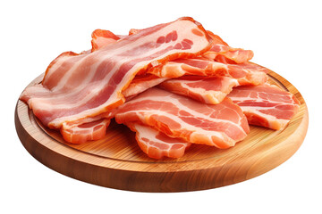 Sizzling Stacks of Freshly Sliced Bacon on a Rustic Wooden Platter on Transparent PNG Background.