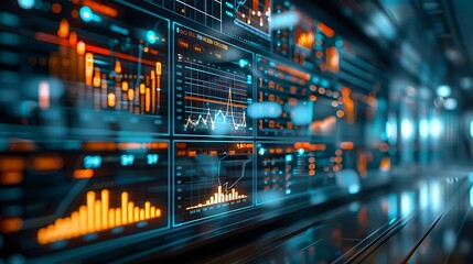 Fototapeta premium A dynamic photograph of a futuristic interface displaying stock trends and data analytics, with floating holographic screens. The background features a sleek modern office with ambient lighting,