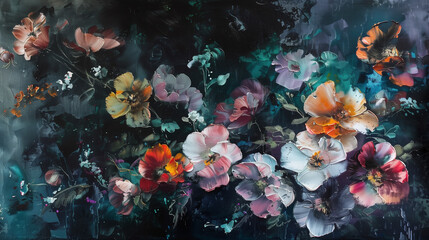 Artistic flowers painting abstract art on dark background
