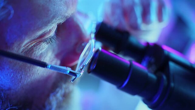 Chemist Analyzing Chemicals in Modern Laboratory With Neon Purple Lighting