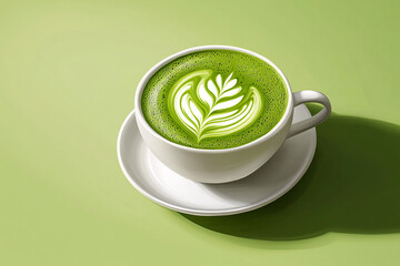 A beautifully crafted green matcha latte with intricate latte art in a white cup, placed on a green background