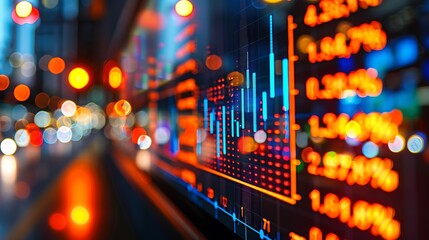 Obraz premium A high-definition close-up of a stock market dashboard with detailed graphs and indicators, displayed on a large screen. The office environment is sleek and well-organized,