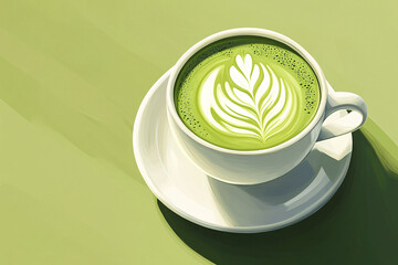 A cup of green matcha latte with intricate latte art on the surface, placed on a matching green background in a minimalist setting