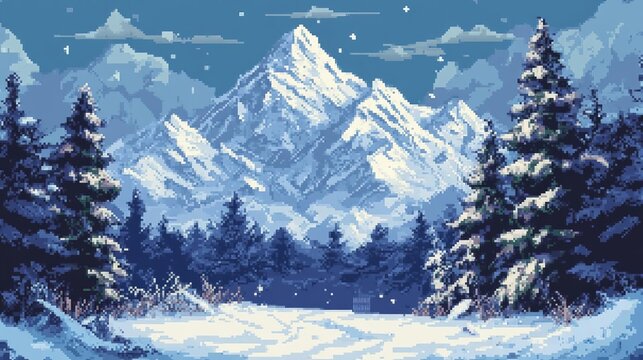 Beautiful pixel art of snowy mountain landscape with pine trees and falling snow creating a serene winter scene.