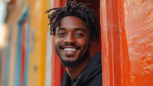 A man with a smile waves enthusiastically from a vibrant doorway