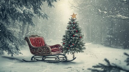 Christmas sleigh. A vintage Santa's sleigh adorned with festive decorations and a Christmas tree nestled in the rear seat, capturing the essence of a bygone Christmas season. Generative AI